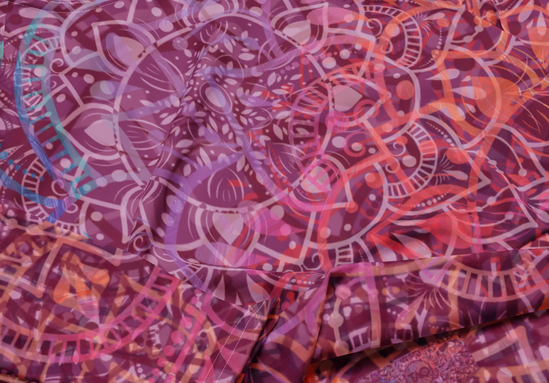 Mandala Glow crop top, close up: layered mandalas in plum, rose and copper